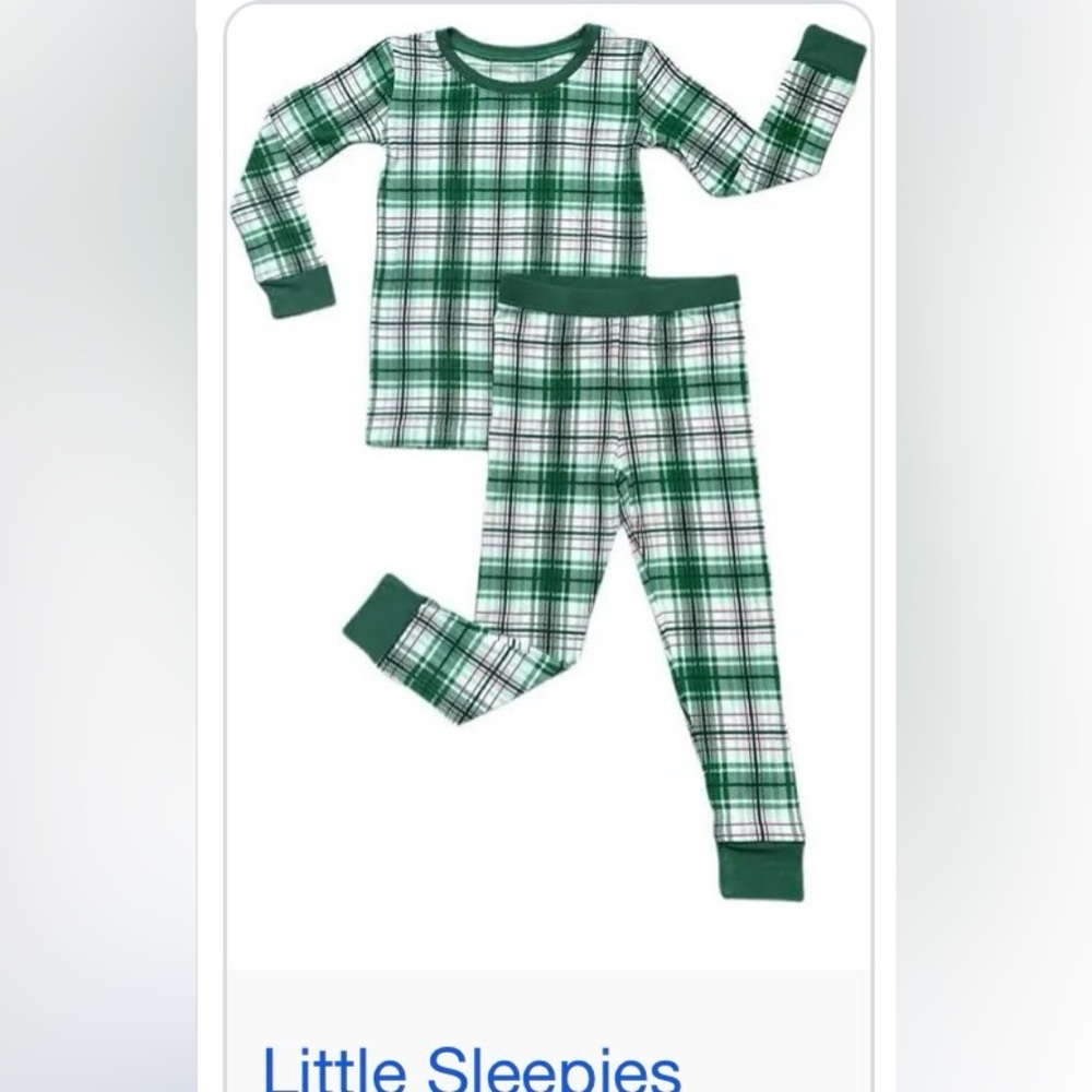 Little Sleepies Kids Pajama Set in Green and White Plaid